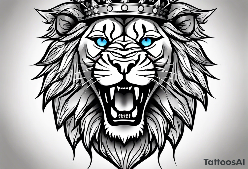 lion with a crown and blue
 eyes and mouth open teeth showing and blood coming out tattoo idea