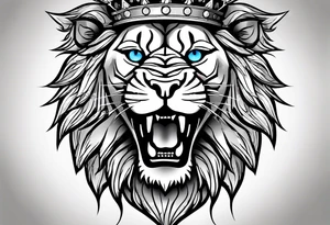 lion with a crown and blue
 eyes and mouth open teeth showing and blood coming out tattoo idea