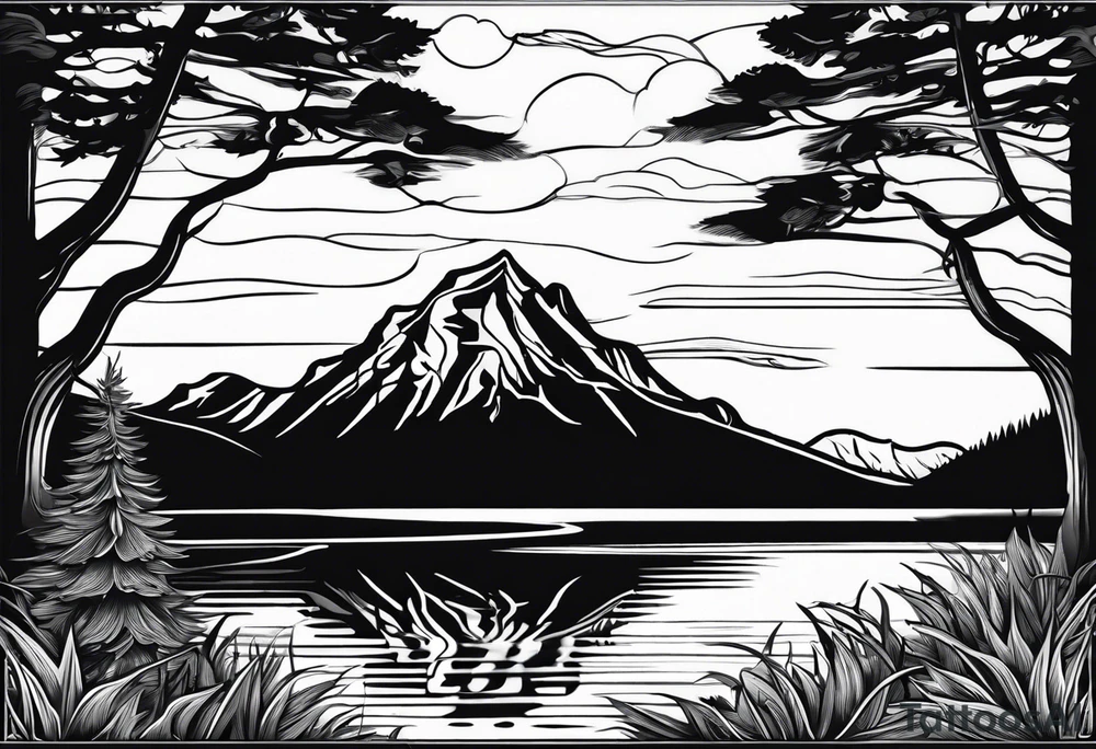 shoulder/upper arm design. pebble beach on a lakefront with a lake surrounded by tall trees and a mountain backdrop. Has reflections across the lakewater tattoo idea