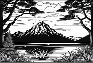 shoulder/upper arm design. pebble beach on a lakefront with a lake surrounded by tall trees and a mountain backdrop. Has reflections across the lakewater tattoo idea