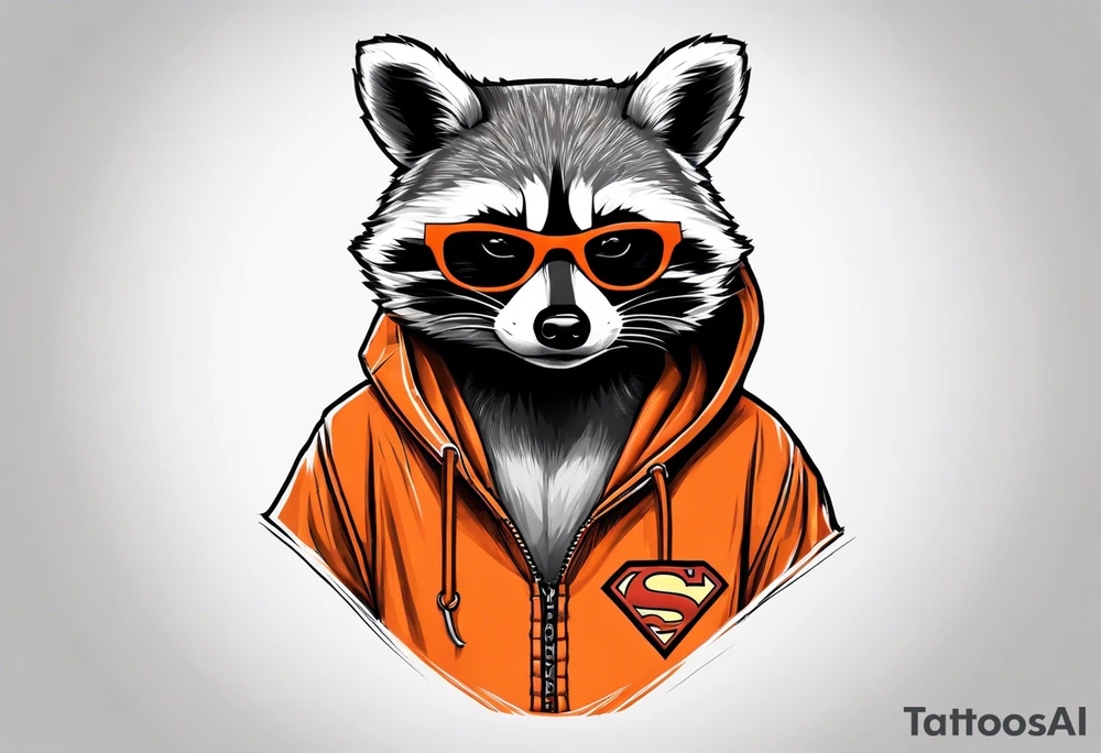 Raccoon wearing an orange Superman hoodie tattoo idea