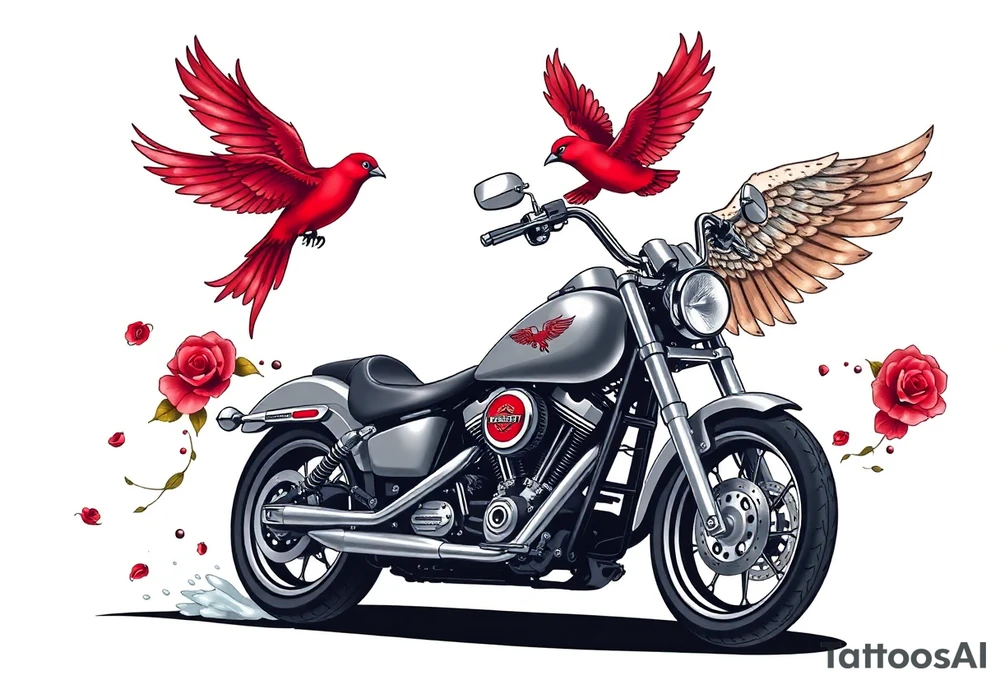Harley grey motorcycle driving away, two red birds flying, roses, flames, angel wings tattoo idea