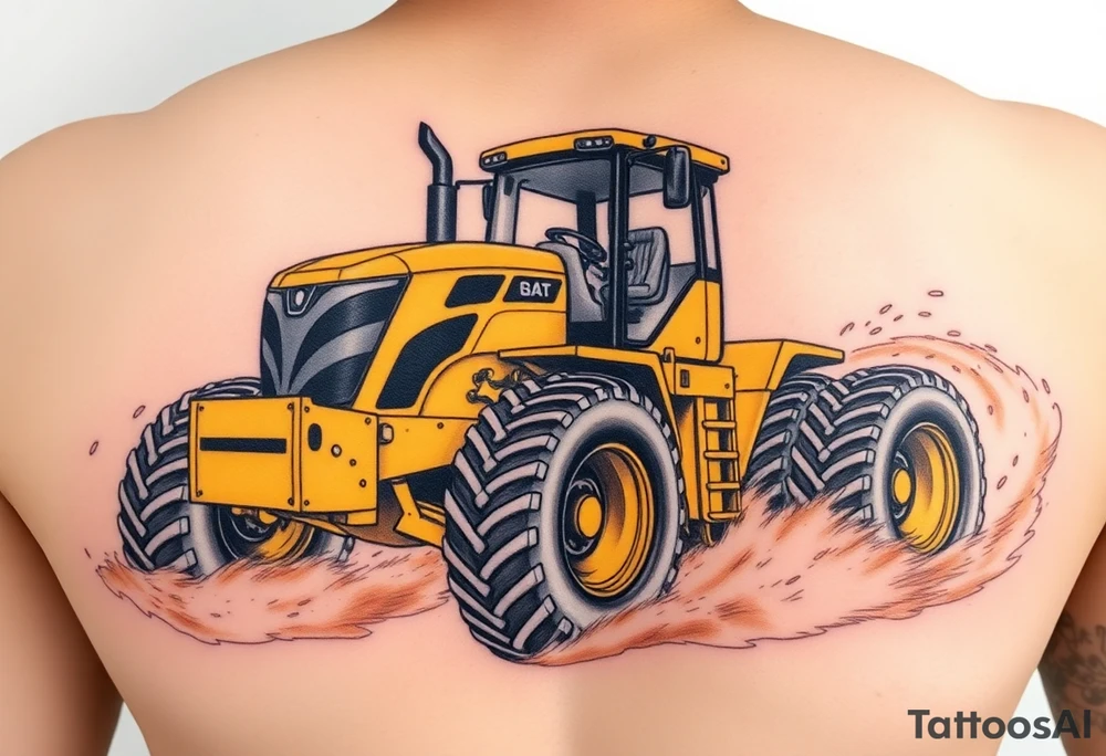 A hyper-realistic yellow tractor in motion, dust swirling around its massive tires. tattoo idea