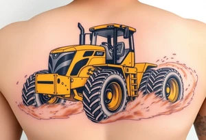 A hyper-realistic yellow tractor in motion, dust swirling around its massive tires. tattoo idea