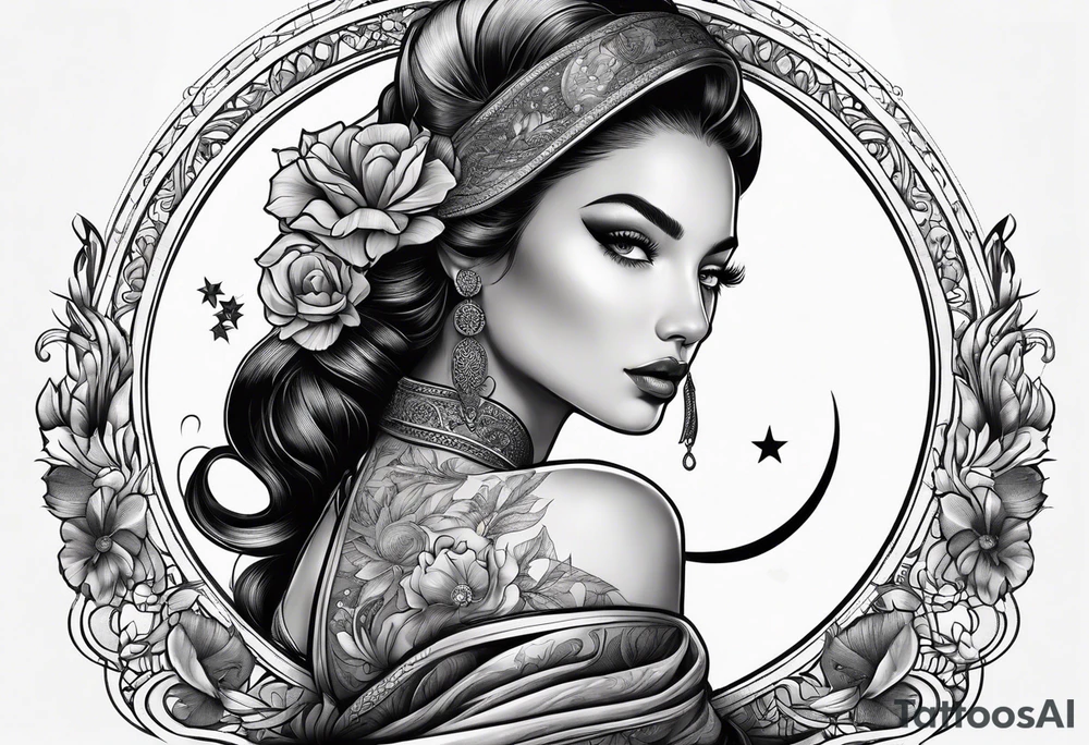 woman in dress straddling a crescent moon tattoo idea