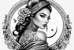 woman in dress straddling a crescent moon tattoo idea