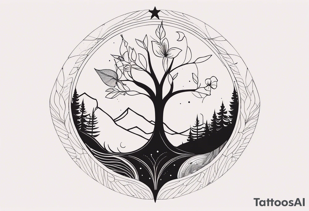 A minimalist tattoo design featuring a vertical composition. At the center is a large, abstract flower with intricate dotted shading and clean lines. A delicate tree with bare branches grows from the top of the flower, while flowing leaves emerge from the bottom. Surrounding the flower are abstract elements like small geometric shapes, mountains in the background, a few birds, and a crescent moon, all positioned in a visually balanced way. There’s a circular solar element near the flower, with rays extending outward. The entire design is made up of fine lines, dot work, and subtle shading, creating a harmonious mix of nature and geometric abstraction. It’s a detailed sketch with organic flow, precision, and a blend of cosmic and natural motifs tattoo idea