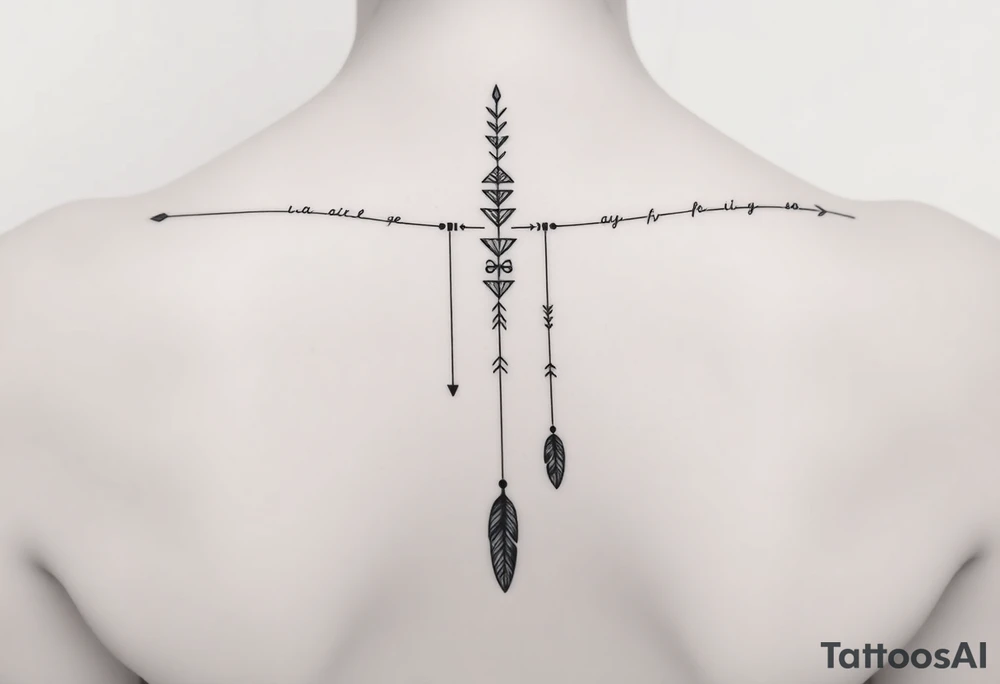 Thin vertical memorial chain of symbols symbolizing loss, a brother and sister bond, and strength in a native ornament style following down the spine in with 3 vertical different lengths flowing lines made of a discreet connection of morse code ".--- .- --.     .-.. ... -.- .- .-.   -.. .. --.     .-.. .. .-.. .-.. . -... .-. --- .-. forming 3 arrow shapes connected to 3 flowing feathers hanging from the end of the morse code lines tattoo idea