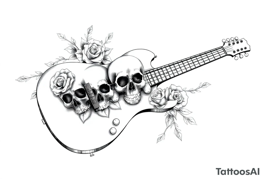 Electric guitar with skulls and roses printed on it tattoo idea