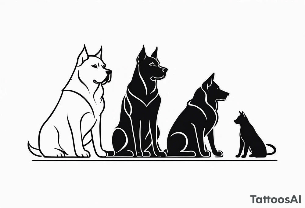 2 big dogs 3 small dogs and one black cat tattoo idea