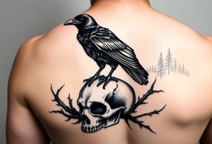 a raven stands on a skull, a forest in the background. tattoo idea