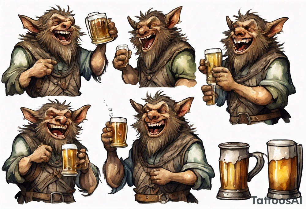 a medieval Bugbear wearing a tunic and drinking from a pewter mug of beer in a tavern, laughing tattoo idea
