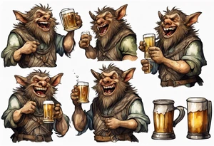 a medieval Bugbear wearing a tunic and drinking from a pewter mug of beer in a tavern, laughing tattoo idea