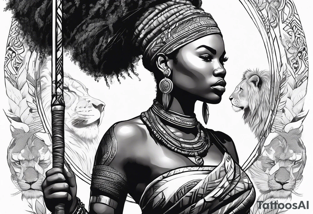 African woman warrior holding spear in action with earrings. Tribe marks on her face and tree Branch brids and lion in the background tattoo idea