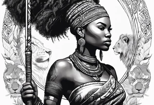 African woman warrior holding spear in action with earrings. Tribe marks on her face and tree Branch brids and lion in the background tattoo idea