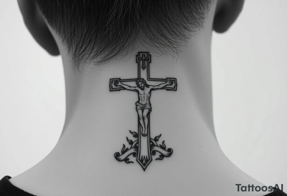 Traditional orthodox ICXC Christian cross with the small horizontal bar at the top with a plaque titulus, the central longest horizontal bar with Jesus Christ on the cross also with the slanted part of the cross where christs feet were nailed in a Russian wilderness Kremlin setting tattoo idea
