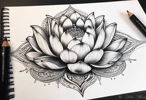 Lotus flower with fine lines and arrows tattoo idea