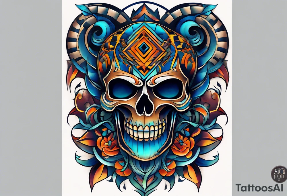 semi Detailed neo traditional knee tattoo flat on paper. The tattoo features geometric patterns and bold lines, creating a visually striking design with slight tints of deep fall colors. outside the tattoo features deep blues washes and water swirls tattoo idea