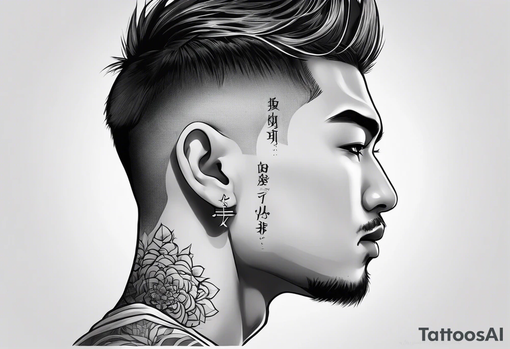 Tattoo behind the ear saying “only one life” in Japanese on male tattoo idea