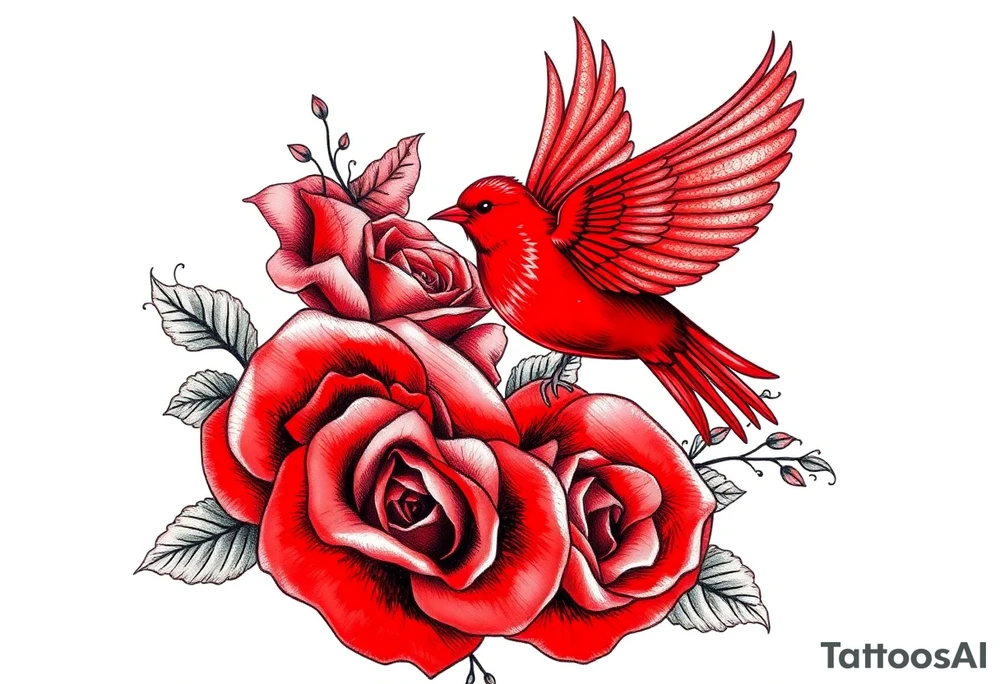 Vintage lace, red roses close together, bright red bird flying freely tattoo idea