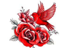 Vintage lace, red roses close together, bright red bird flying freely tattoo idea