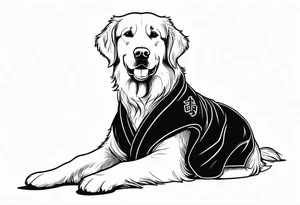 a golden retriever in a jujitsu gi including belt full body view tattoo idea