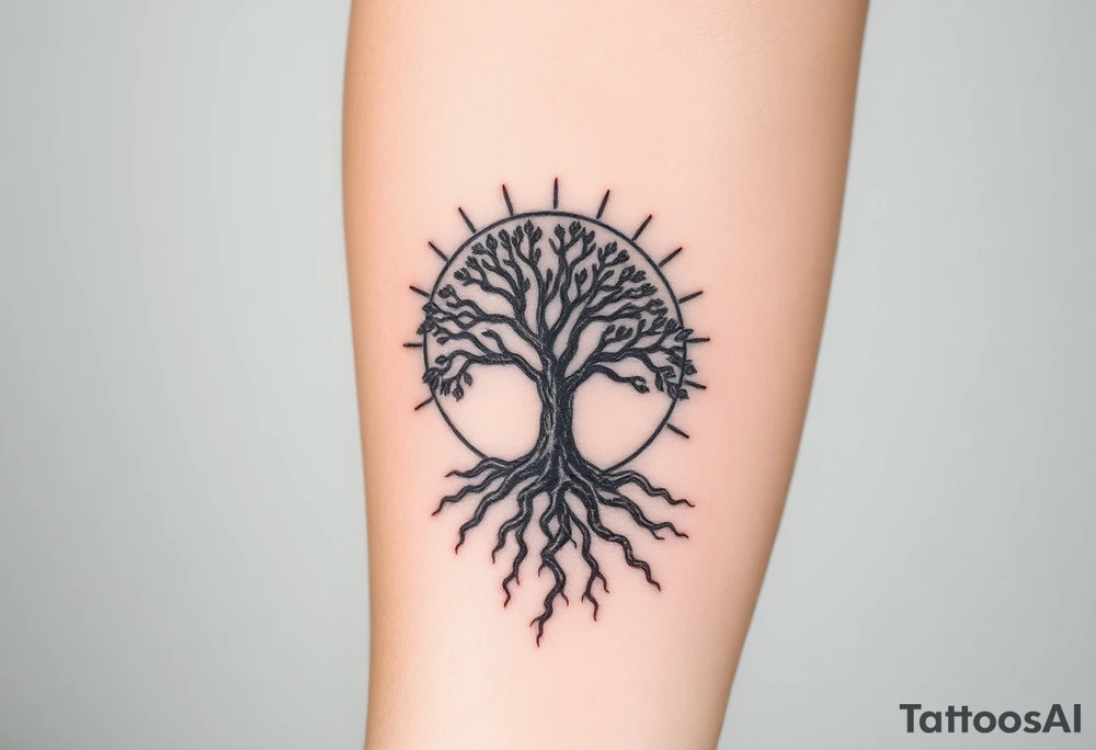 Tree inside of sun, spiral moving roots to the right tattoo idea