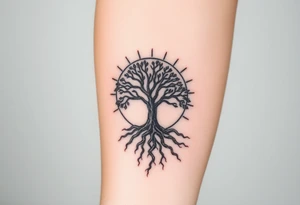 Tree inside of sun, spiral moving roots to the right tattoo idea