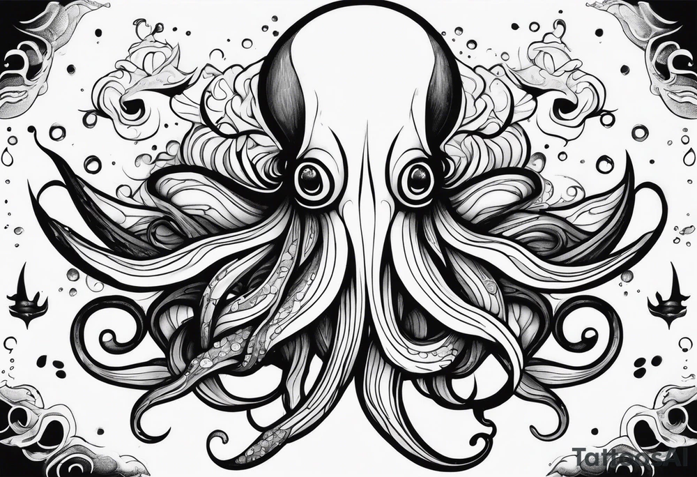 The horrifying squid hides itself in ink and turns the color of its body to black to blend into the sea tattoo idea