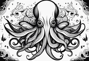 The horrifying squid hides itself in ink and turns the color of its body to black to blend into the sea tattoo idea