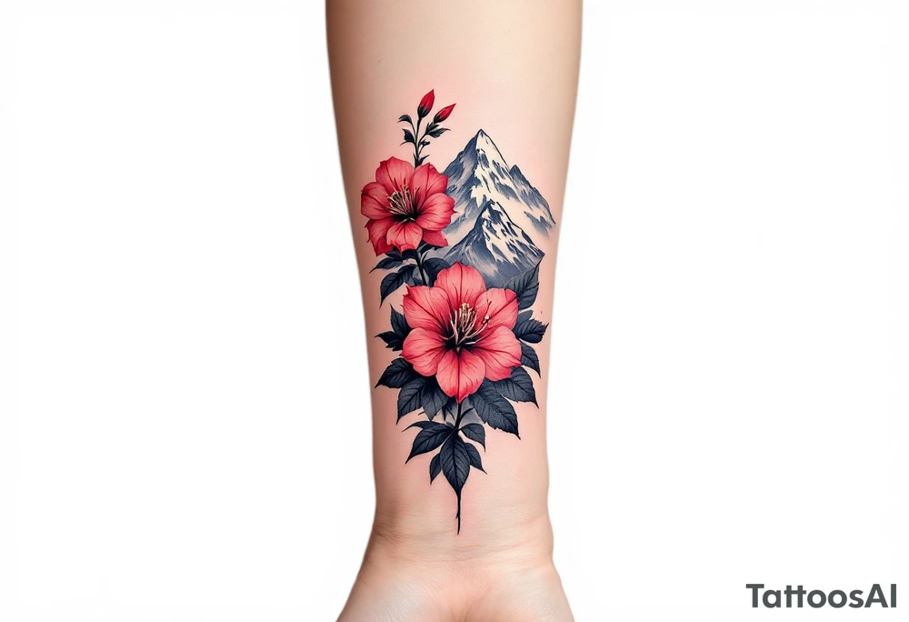 vertical wrist size red  and black rhododendron trippy with Himalayas behind tattoo idea