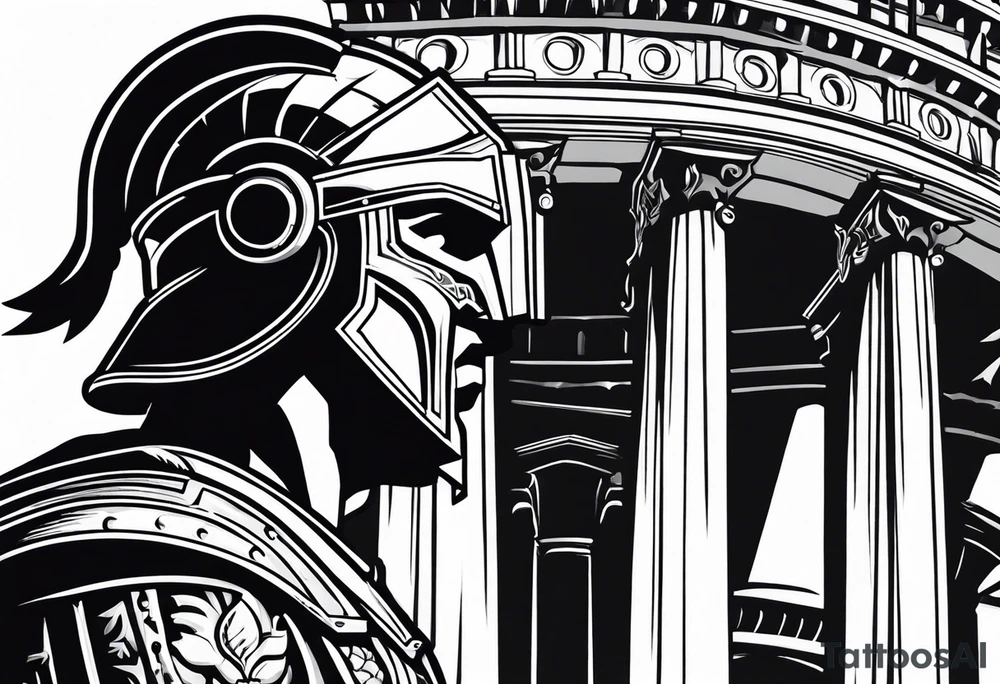 Side profile of spartan soilder looking left at Roman colosseum tattoo idea