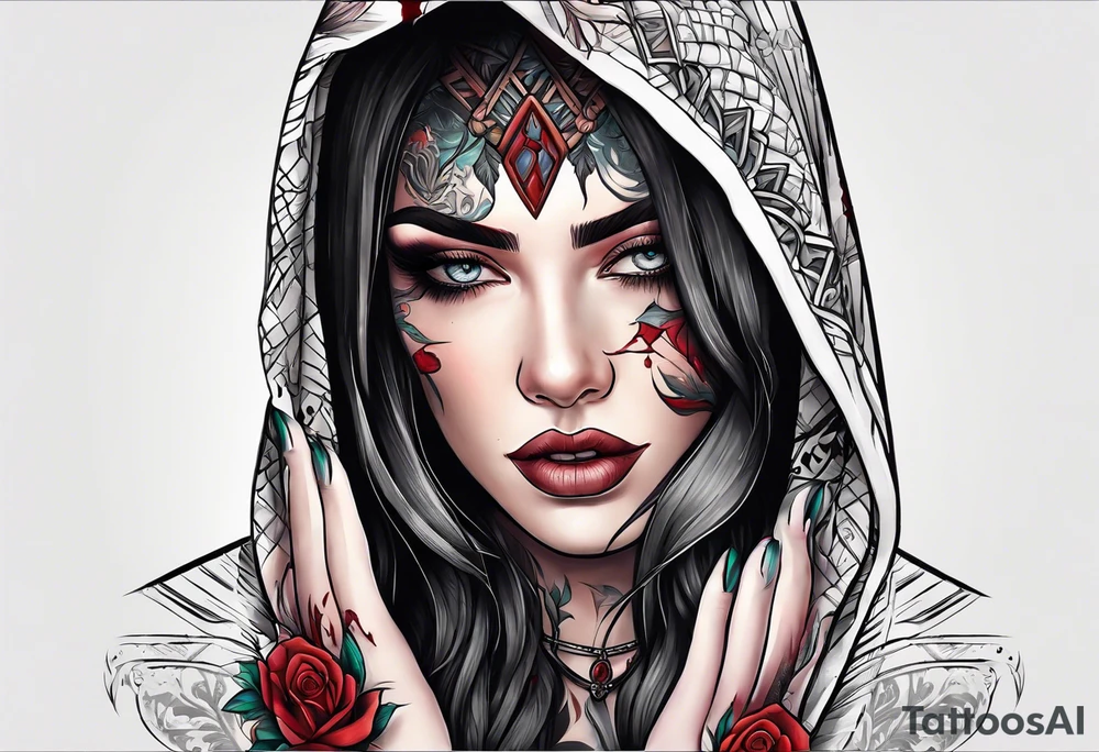 Neo traditional hooded woman blood scars hand with eye in palm tattoo idea