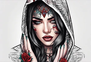 Neo traditional hooded woman blood scars hand with eye in palm tattoo idea