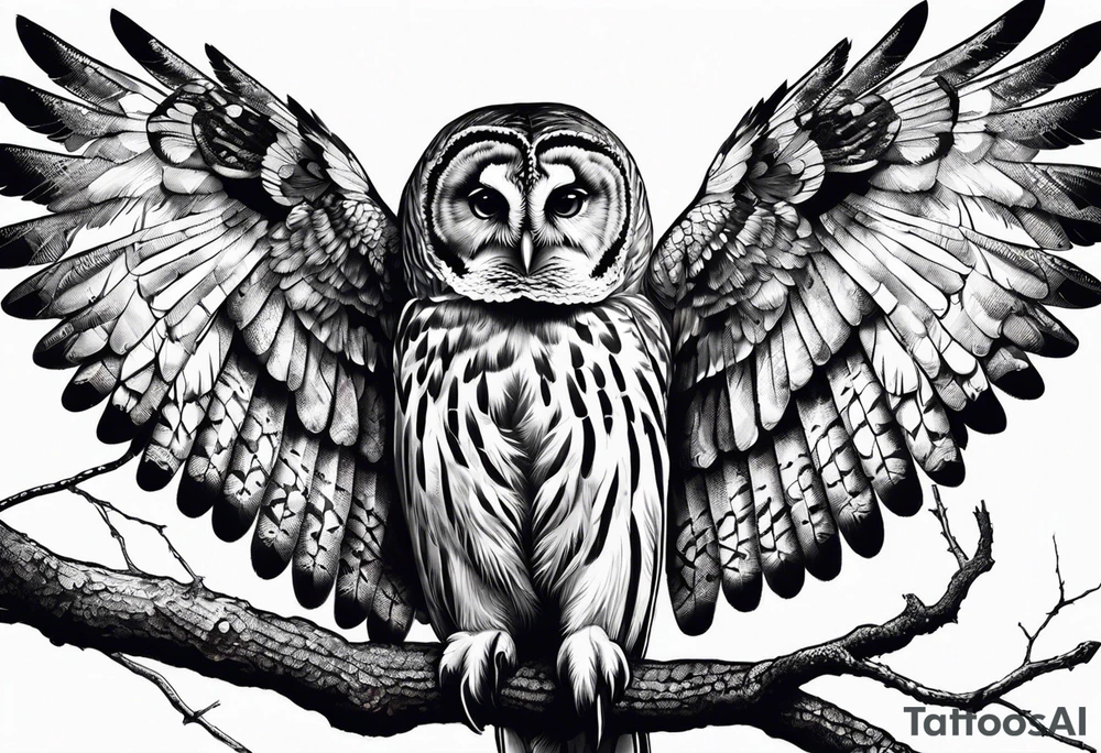 barred owl wings outstretched with a snake in its feet tattoo idea