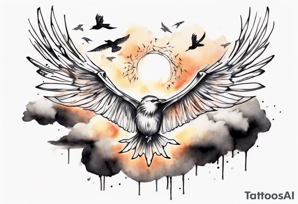 a shoulder tattoo with lots of rays of light in gradient starting from the middle
, clouds and birds flying free tattoo idea