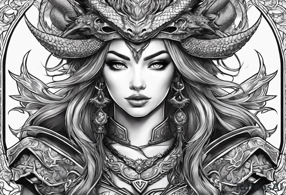warrior princess with swords and a dragon partner tattoo idea