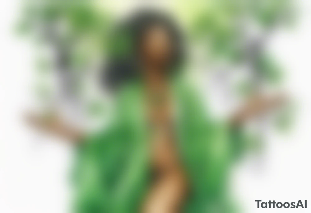 a beautiful black woman wearing a green robe with legs that turn into tree roots, arms raised towards the sun tattoo idea