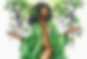 a beautiful black woman wearing a green robe with legs that turn into tree roots, arms raised towards the sun tattoo idea
