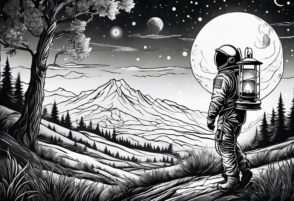 An astronaut using a candle lantern to walk through beautiful landscape in the dark tattoo idea