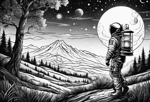 An astronaut using a candle lantern to walk through beautiful landscape in the dark tattoo idea
