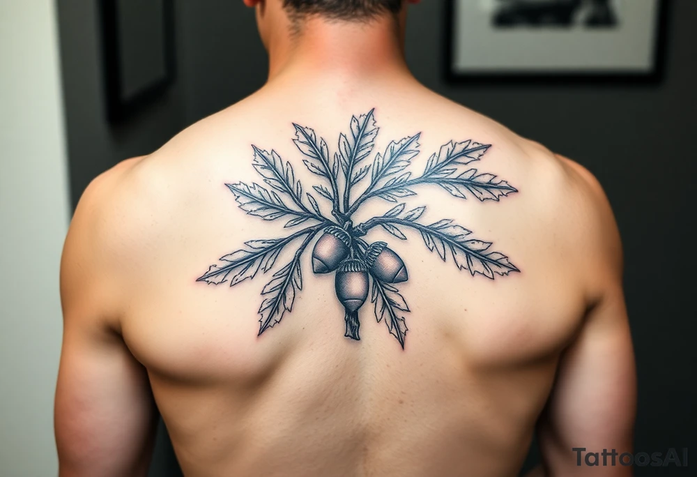 oak branch with thick leaves and acorns tattoo idea
