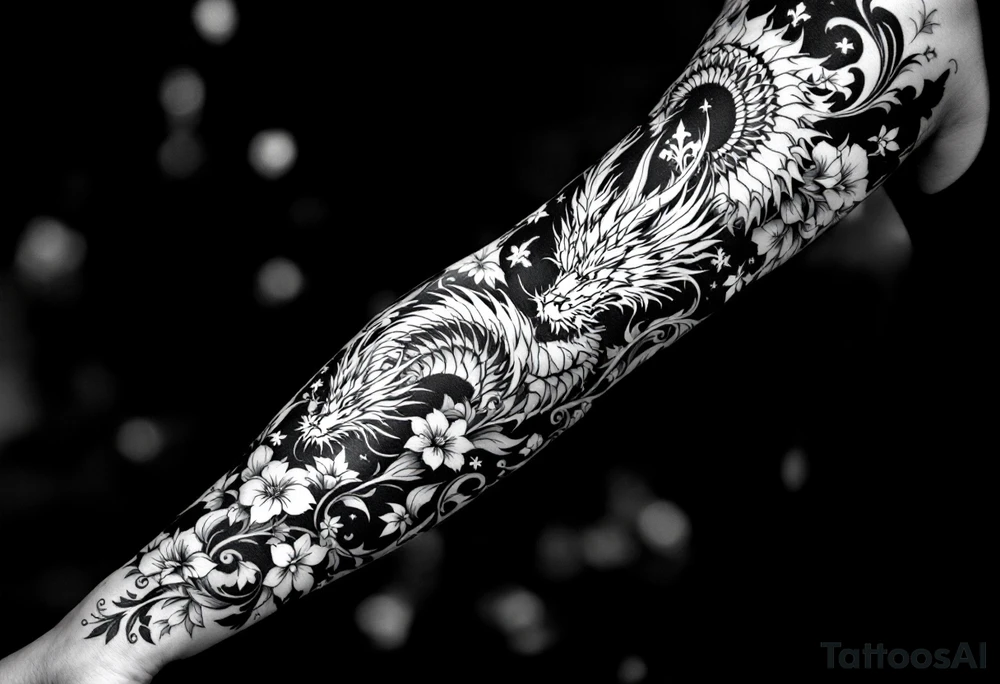 un dragon central entouré de fleurs de lys tattoo idea