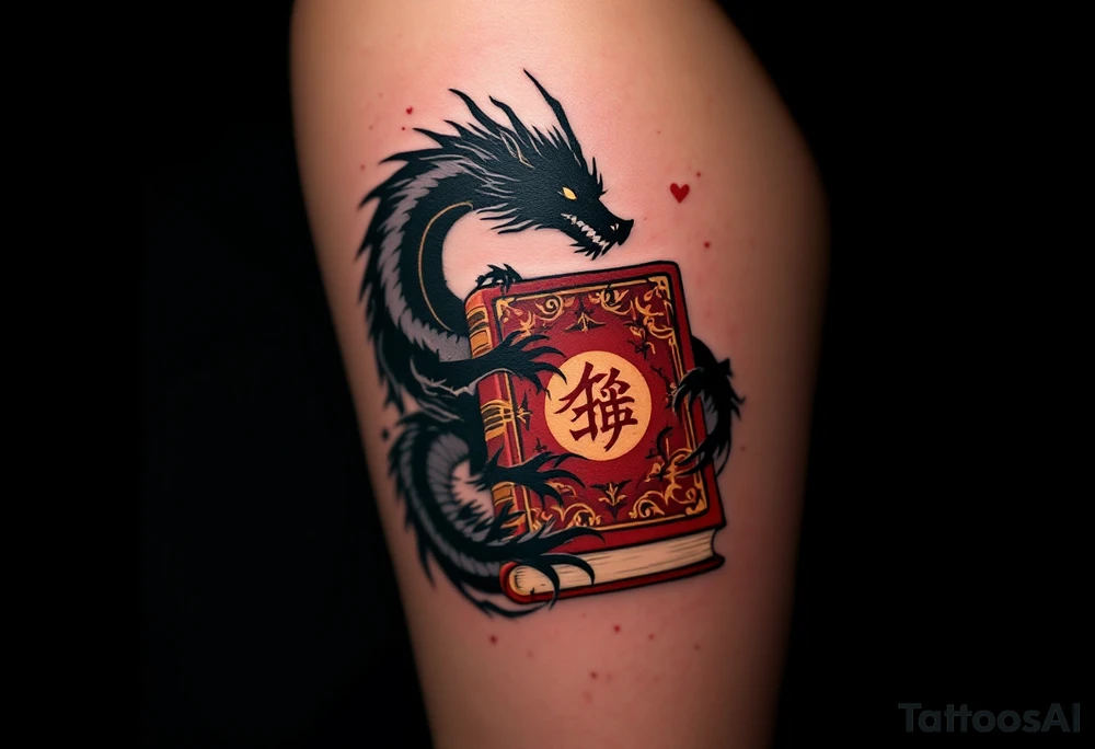 Book with a Dragon's Shadow – A thick dark red tome with an embossed dragon symbol on the cover, while a faint black and gray dragon silhouette rises from the pages like a guardian of ancient knowledge. tattoo idea