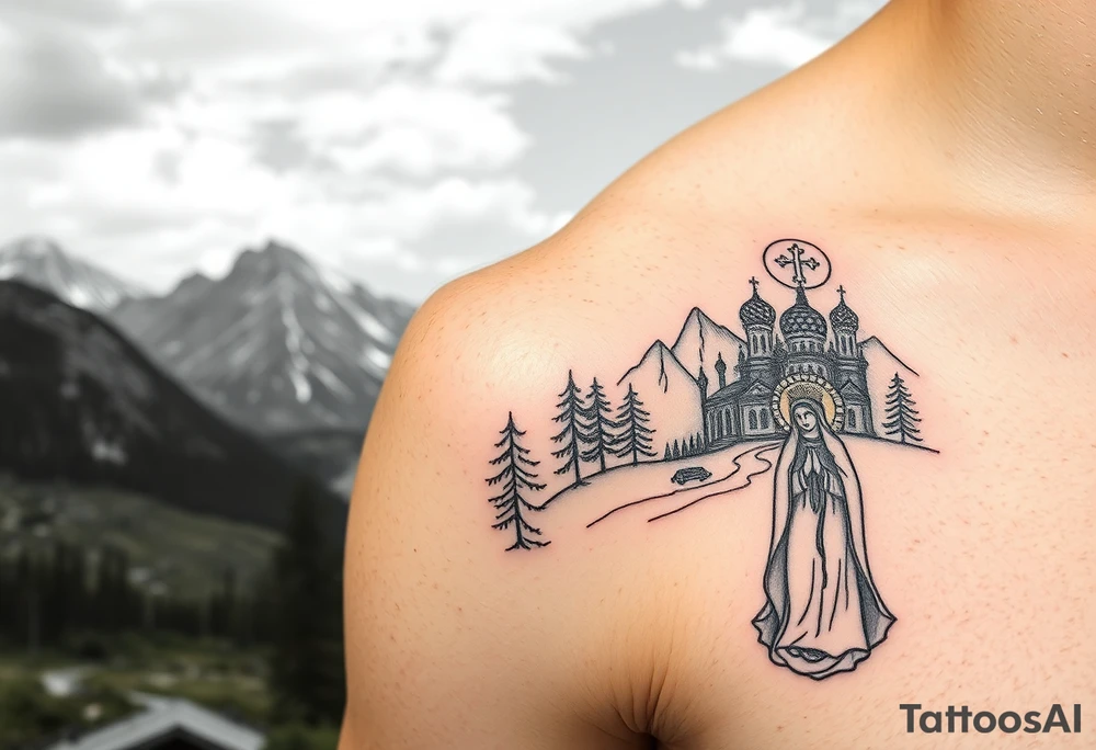 Mountainous valley with creek and a few trees with a Russian orthodox kazan scene covering my shoulder entering my upper arm with a Russian orthodox Virgin Mary tattoo idea