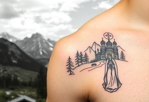 Mountainous valley with creek and a few trees with a Russian orthodox kazan scene covering my shoulder entering my upper arm with a Russian orthodox Virgin Mary tattoo idea