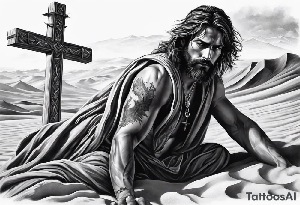 man crawling in a desert toward the cross of Christ tattoo idea