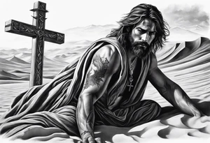 man crawling in a desert toward the cross of Christ tattoo idea