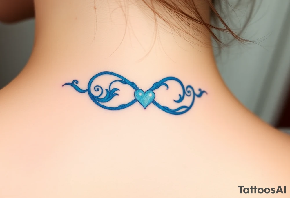 A blue infinity symbol made of delicate waves, with a small heart-shaped pearl tattoo idea
