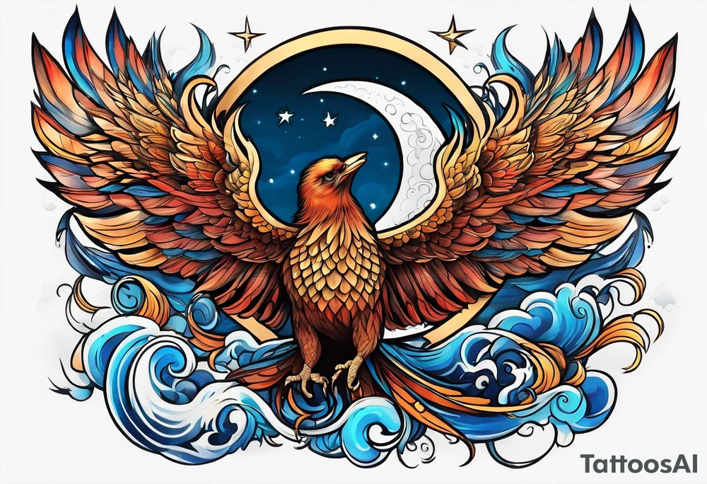 phoenix sur une lune bleu tattoo idea